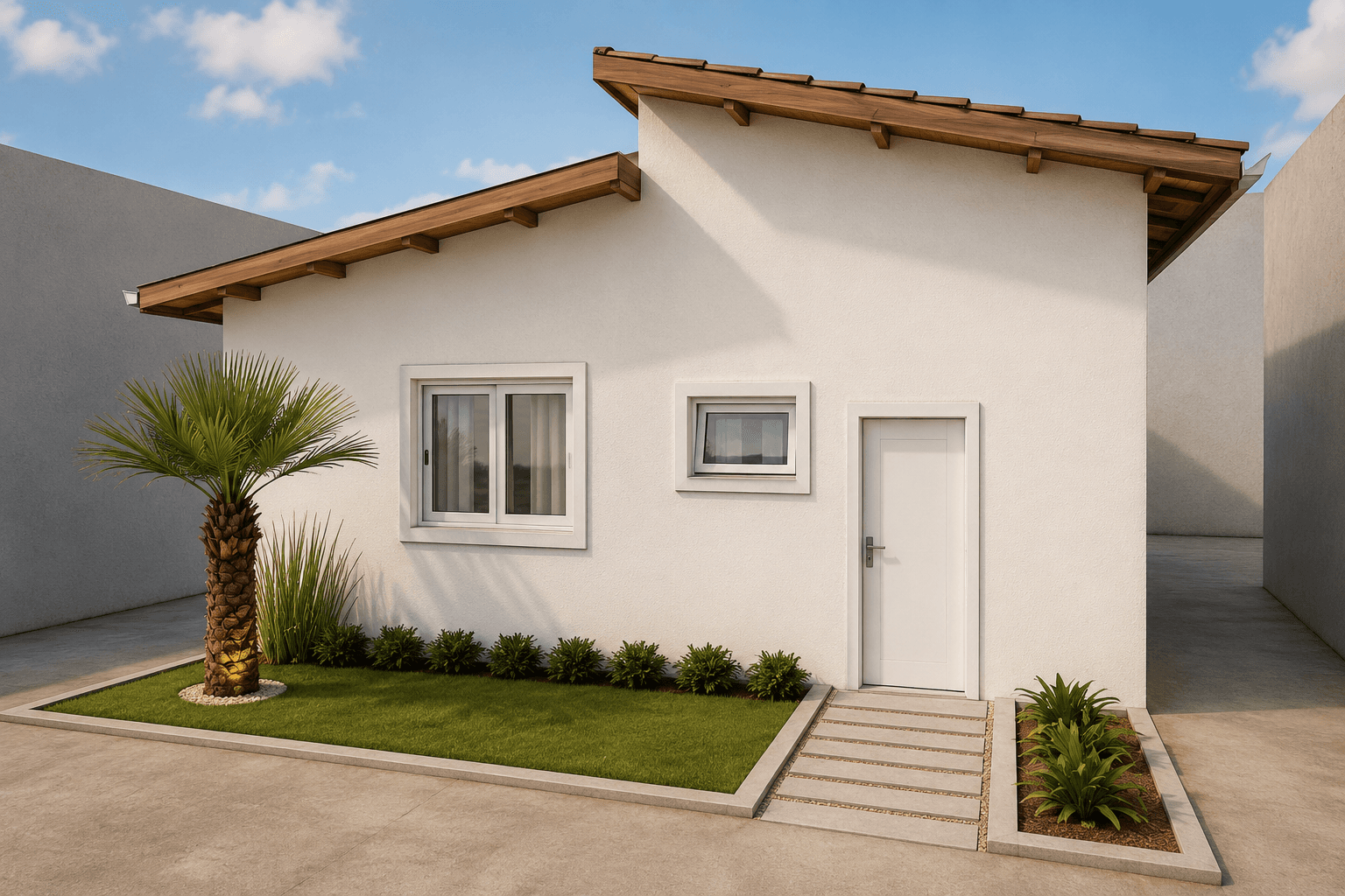 Fachada Frontal com Jardim de Acesso